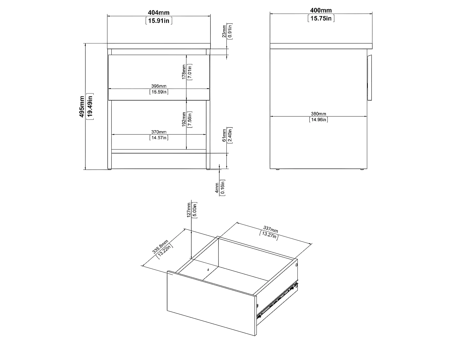 Nada Table de chevet avec 1 tiroir et 1 tablette de rangement, aspect béton, blanc brillant.