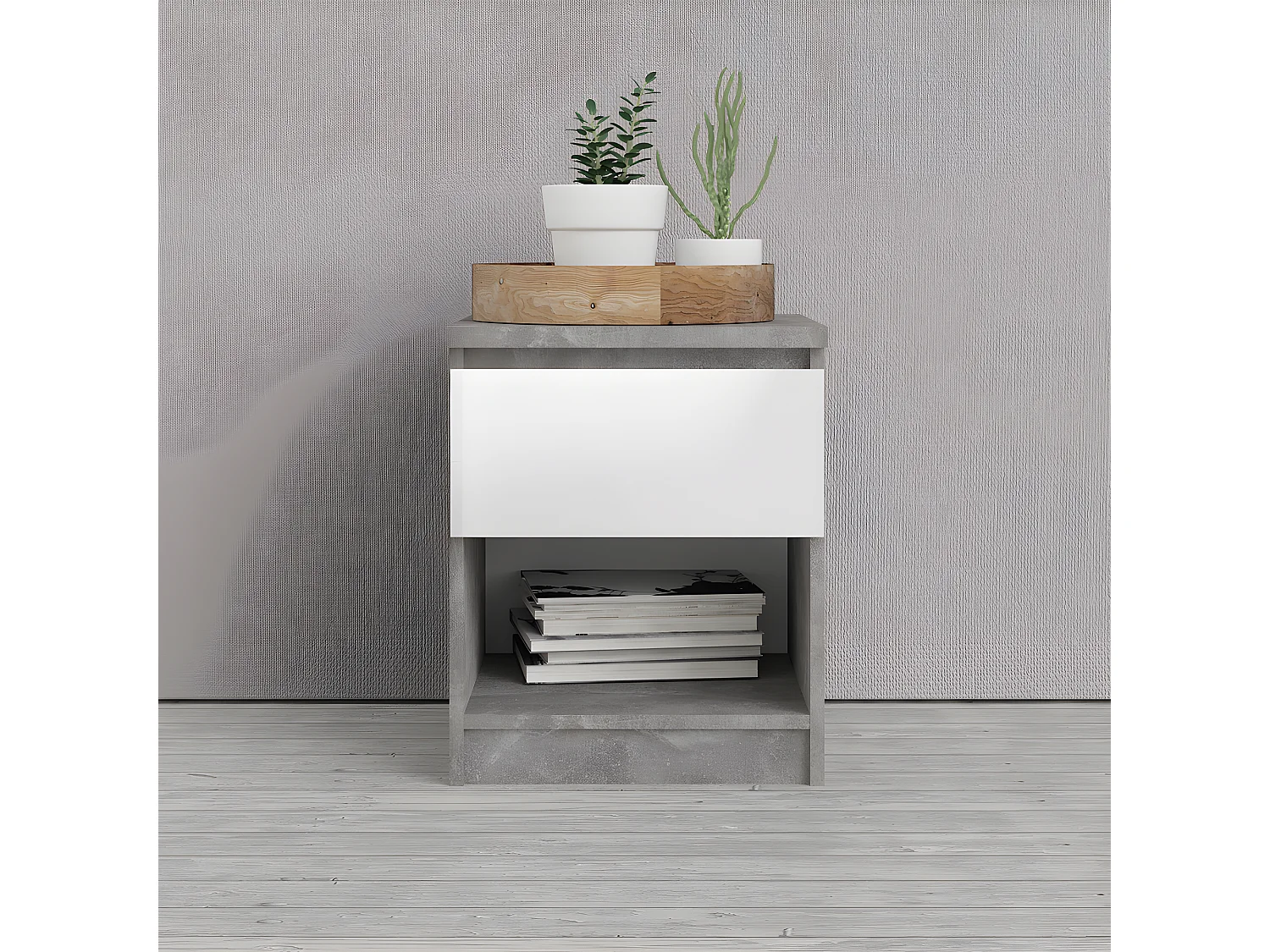 Nada Table de chevet avec 1 tiroir et 1 tablette de rangement, aspect béton, blanc brillant.