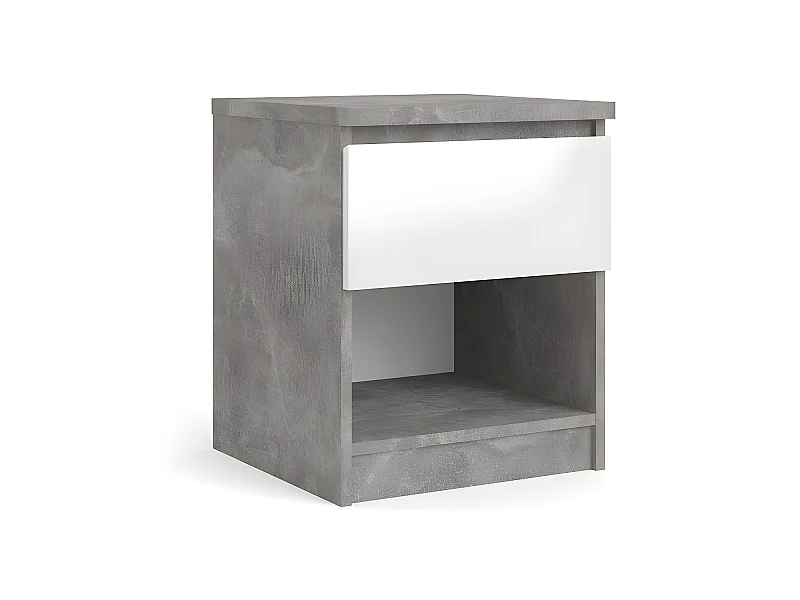 Nada Table de chevet avec 1 tiroir et 1 tablette de rangement, aspect béton, blanc brillant.