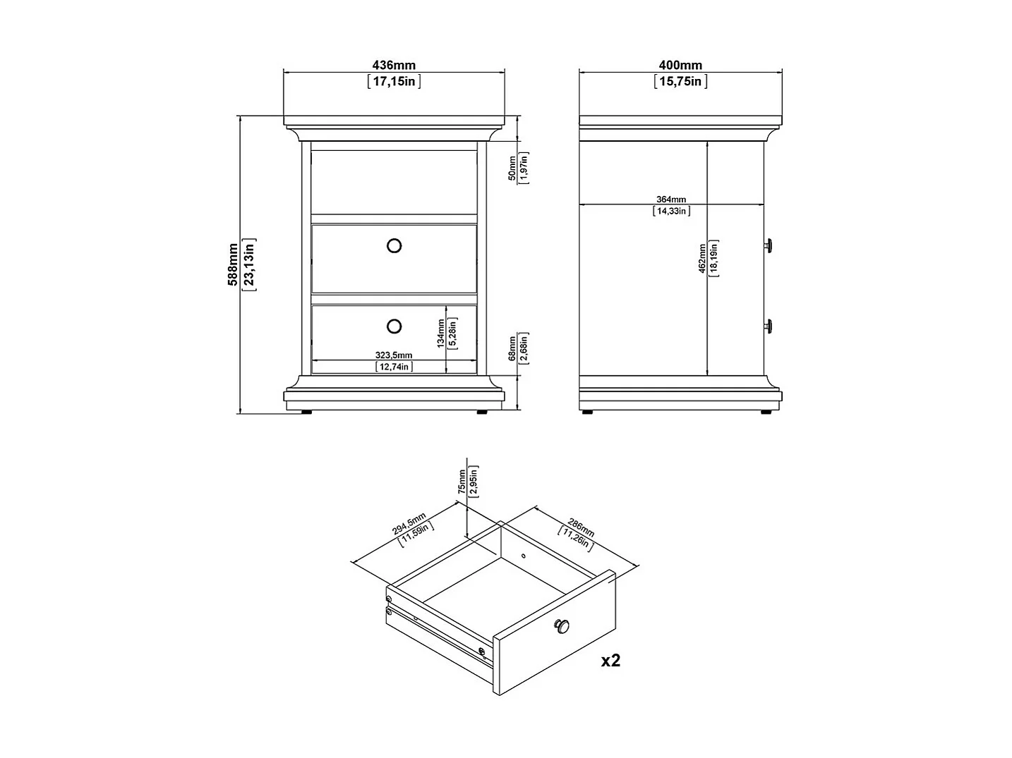 Venedig Nachttisch schmale 2 Schubladen und 1 Raum matt grau.