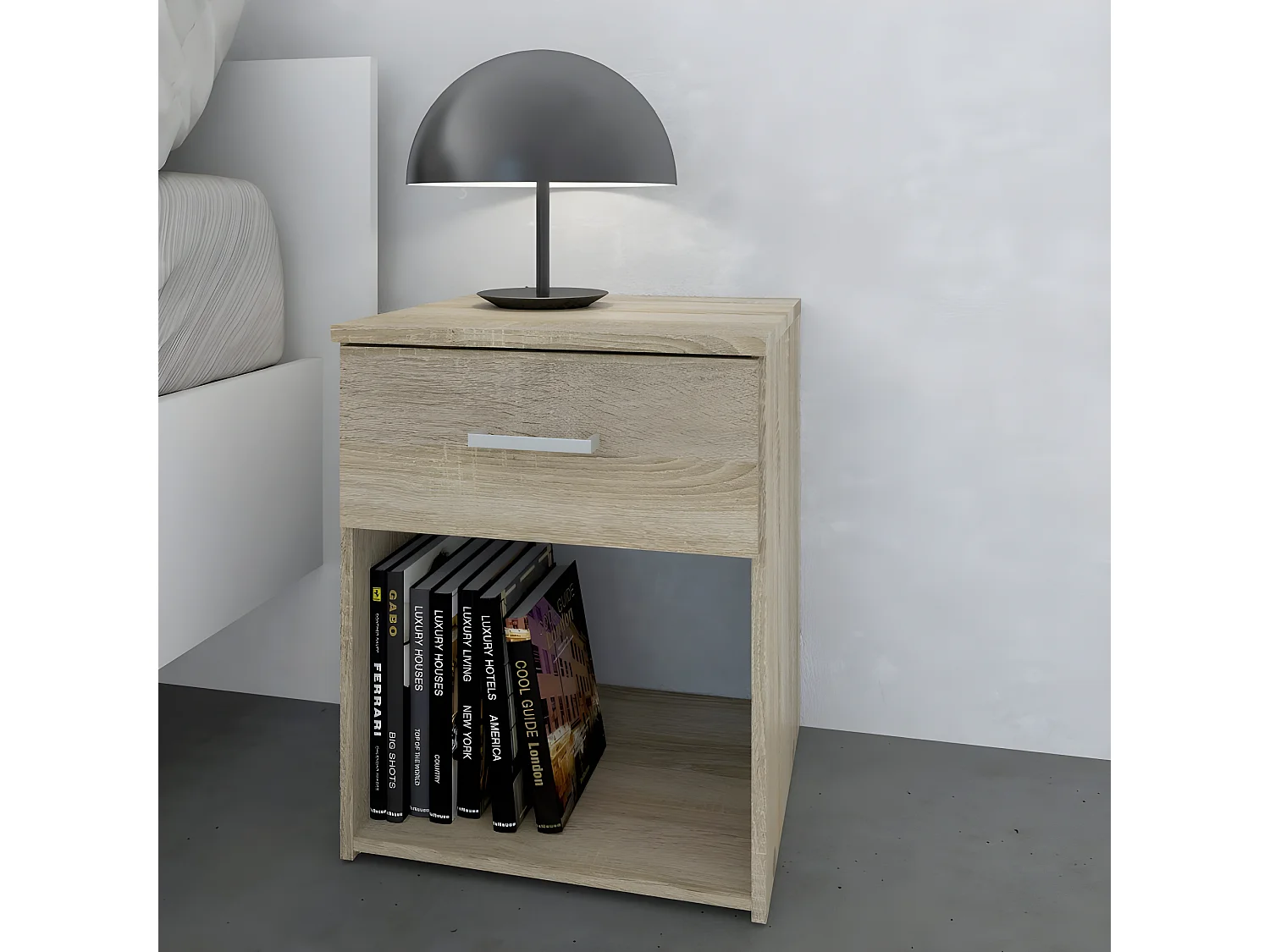 Spell Table de chevet à 1 tiroir et 1 espace de rangement ouvert, pieds en chêne.