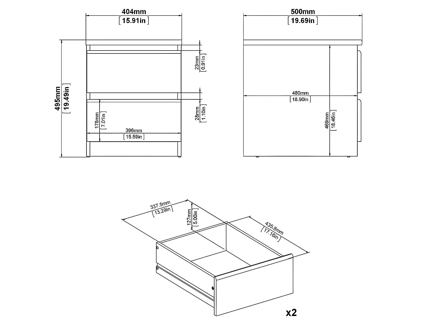 Mesita de noche Nada con 2 cajones negro mate.