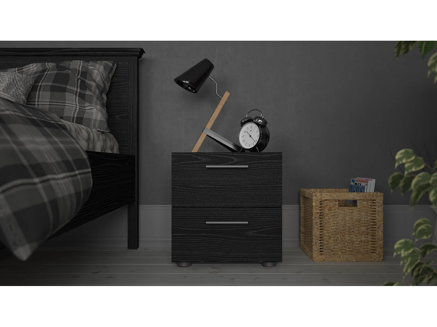 Petra Table de chevet à 2 tiroirs, apect frêne noir.