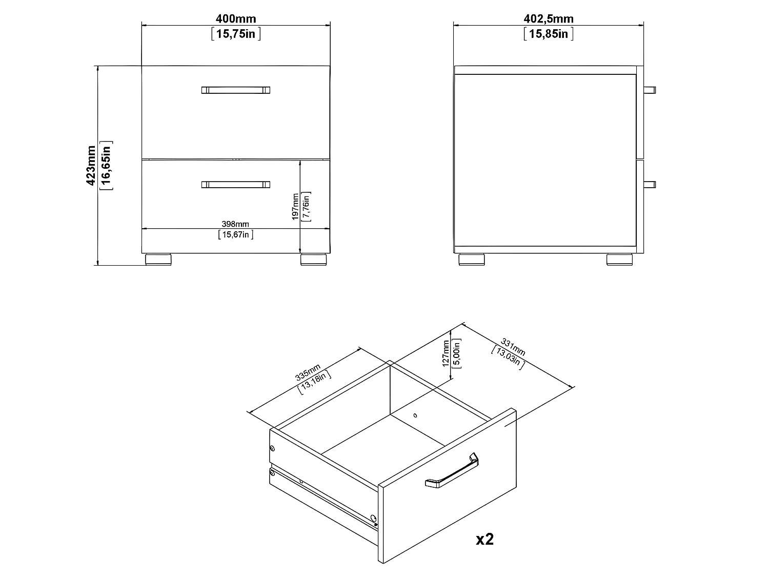 Dallas Nachttisch 2 Schubladen dunkel gebeiztes Eichendekor.
