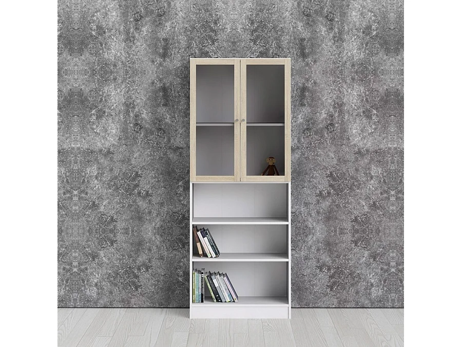 Base wandkast 2 glazen deuren en 2 planken wit, eiken structuur decor.