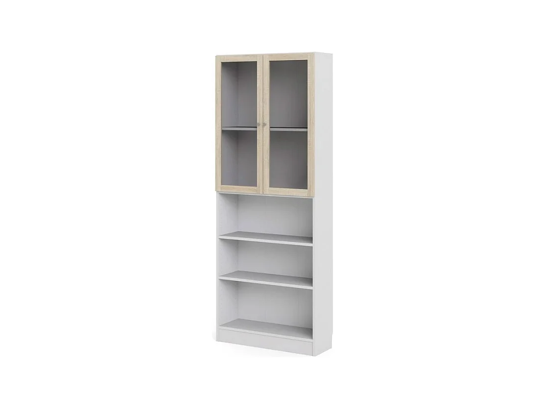 Base Étagère 2 portes vitrées et 2 tablettes de rangement, blanc, finition chêne structuré.