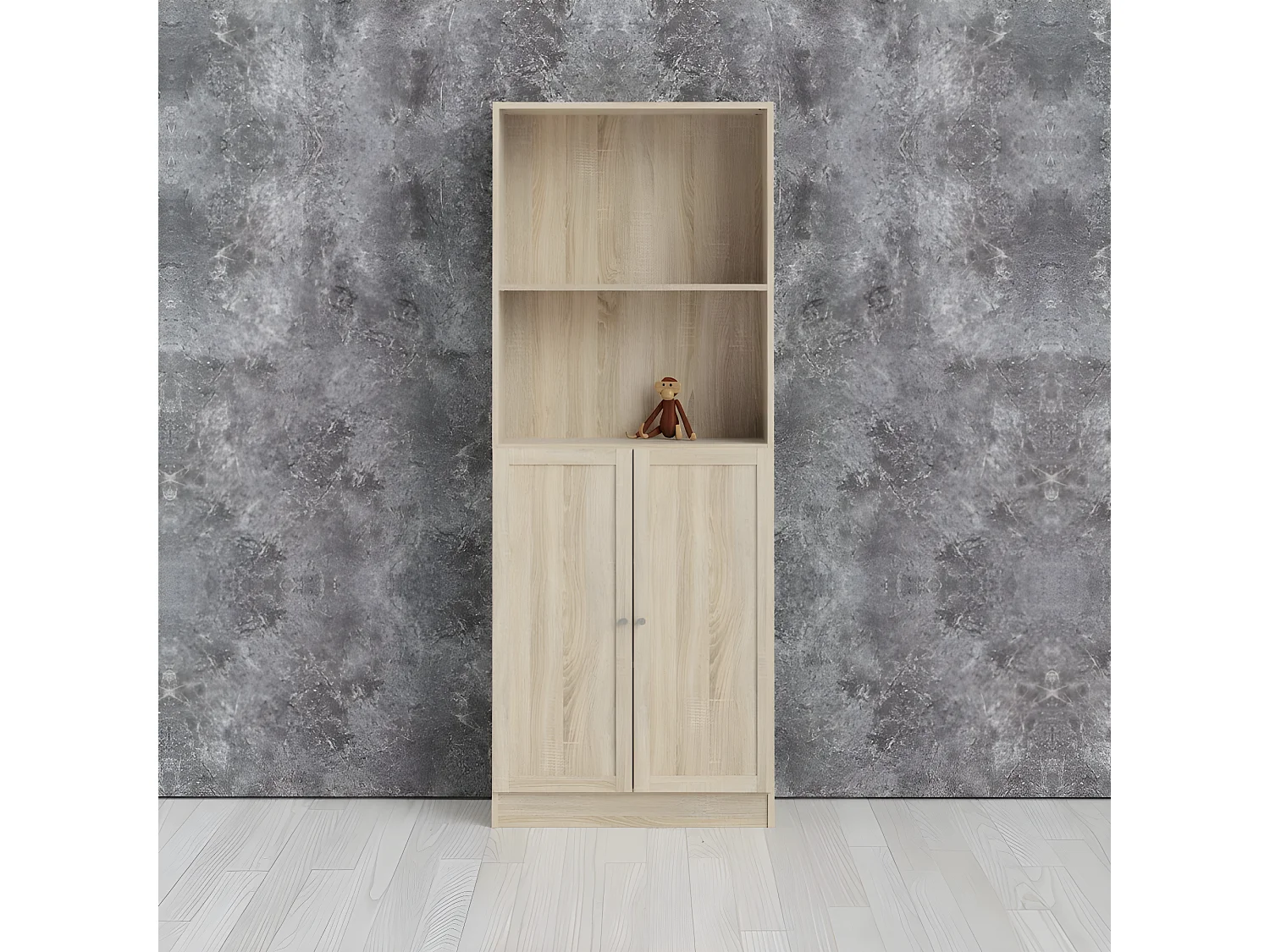 Base Étagère 1 tablette de rangement et 2 portes, finition chêne structuré.
