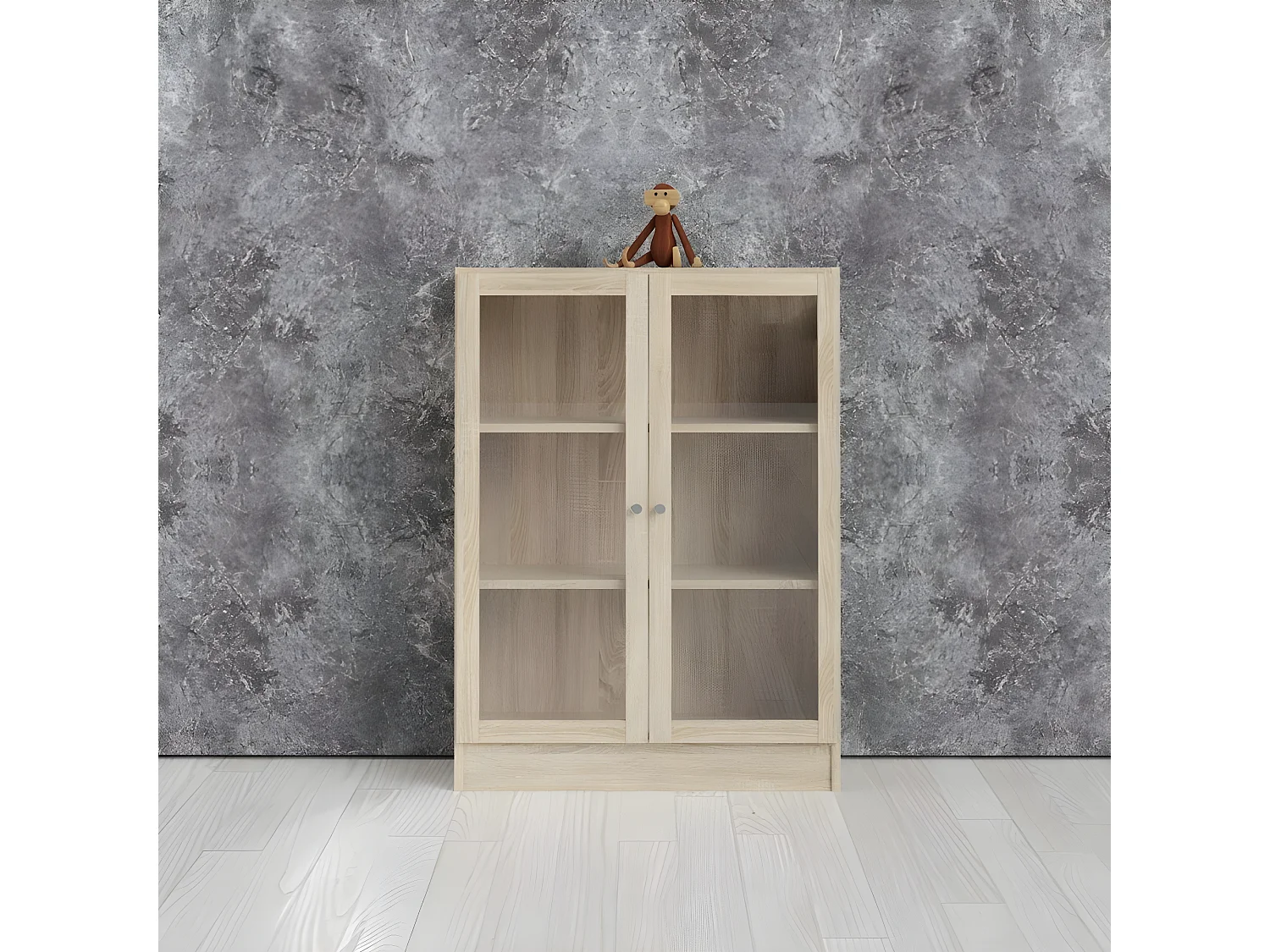 Librería base 2 puertas cristal estructura decoración roble.