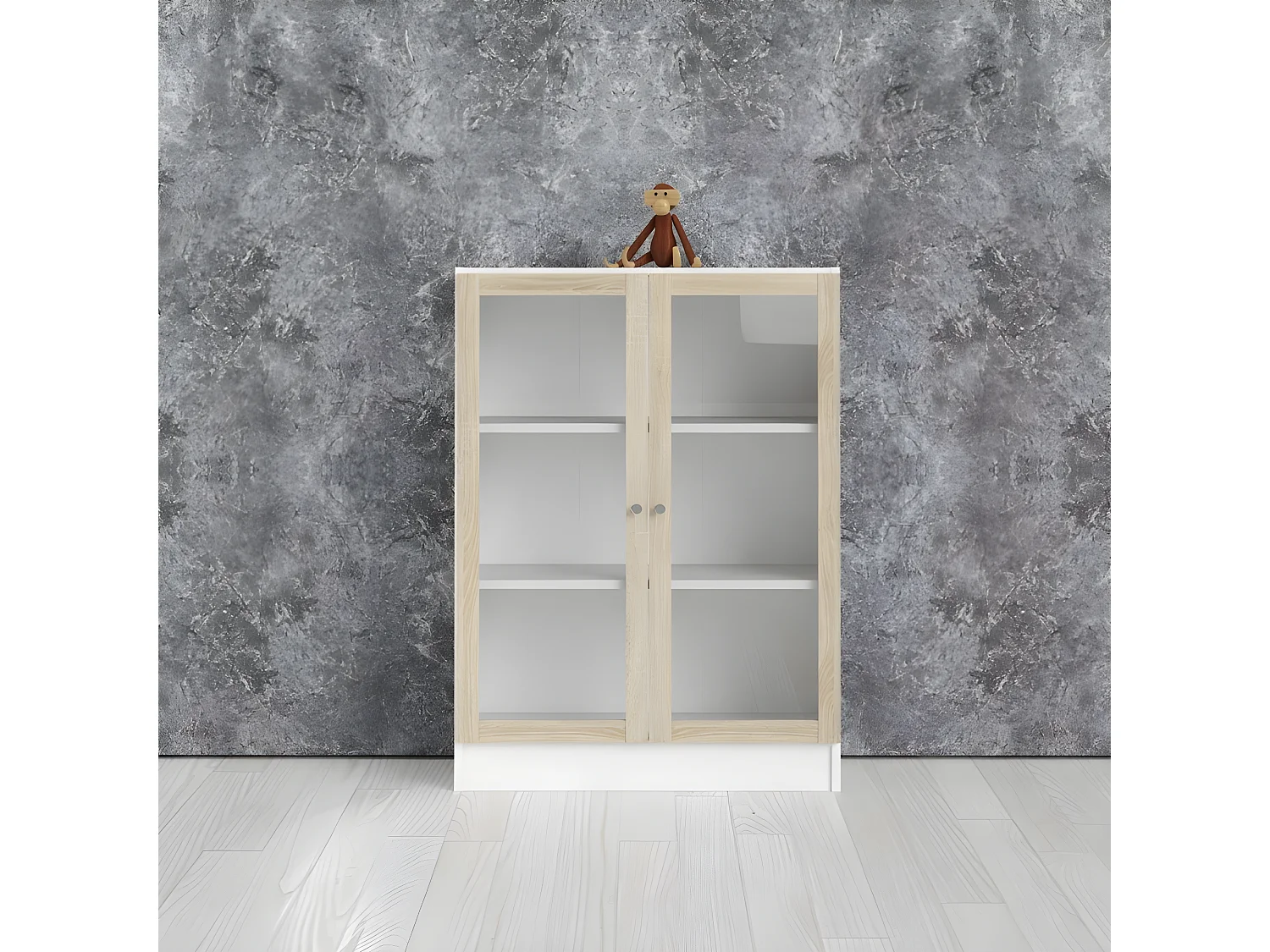 Base wandkast 2 glazen deuren wit, eiken structuur decor.