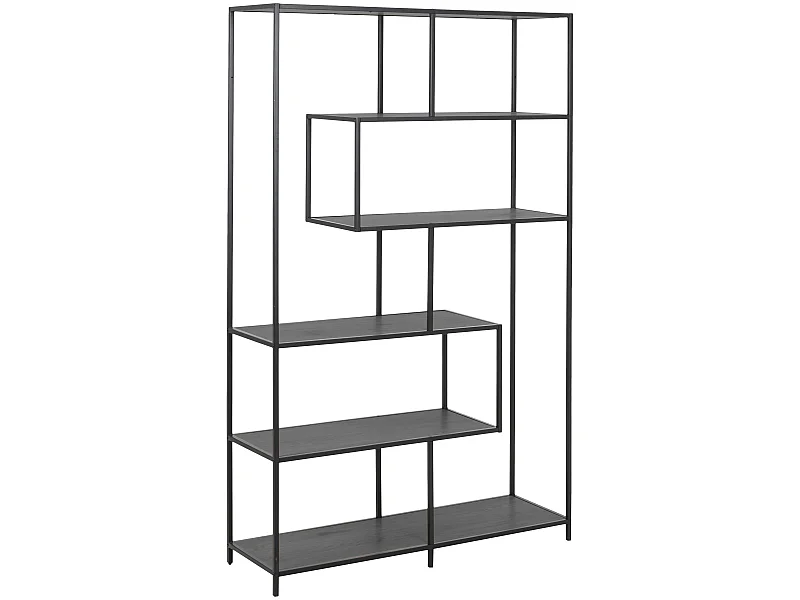 Sea wandkast met 4 planken, asymmetrisch essen decor, zwart.