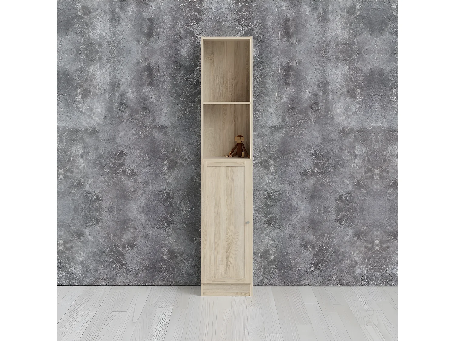 Base Étagère 1 tablette de rangement et 1 porte, finition chêne structuré.