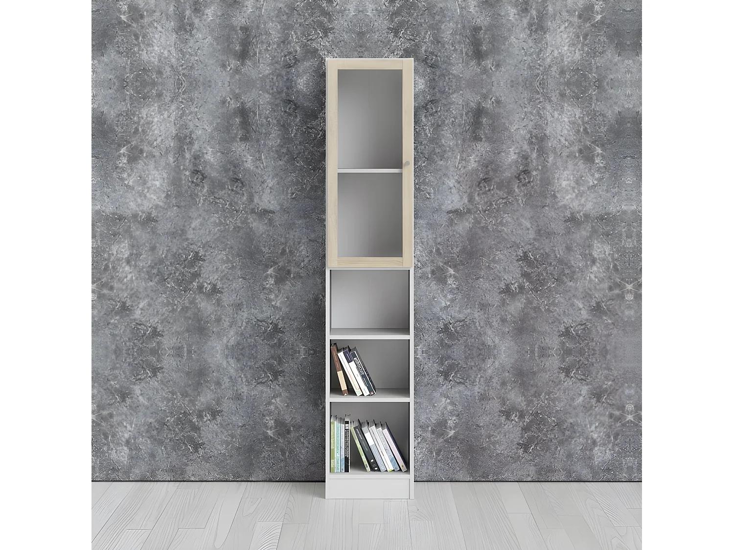 Base wandkast 1 glazen deur en 2 planken wit, eiken structuur decor.