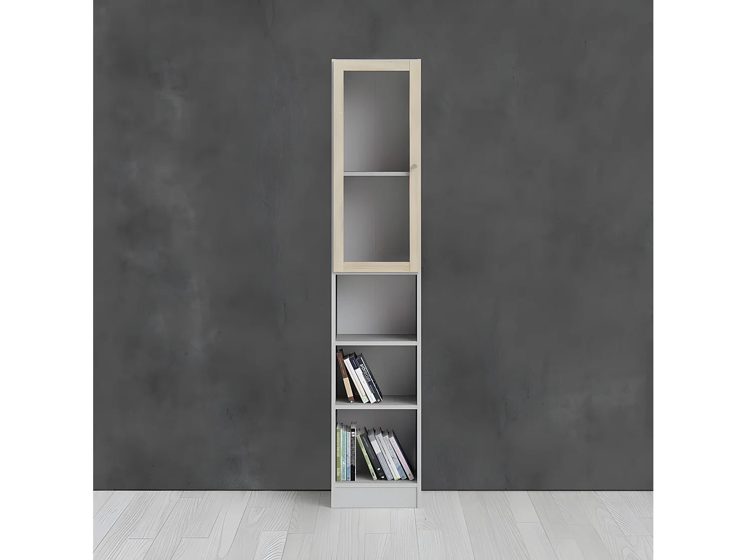 Base wandkast 1 glazen deur en 2 planken wit, eiken structuur decor.