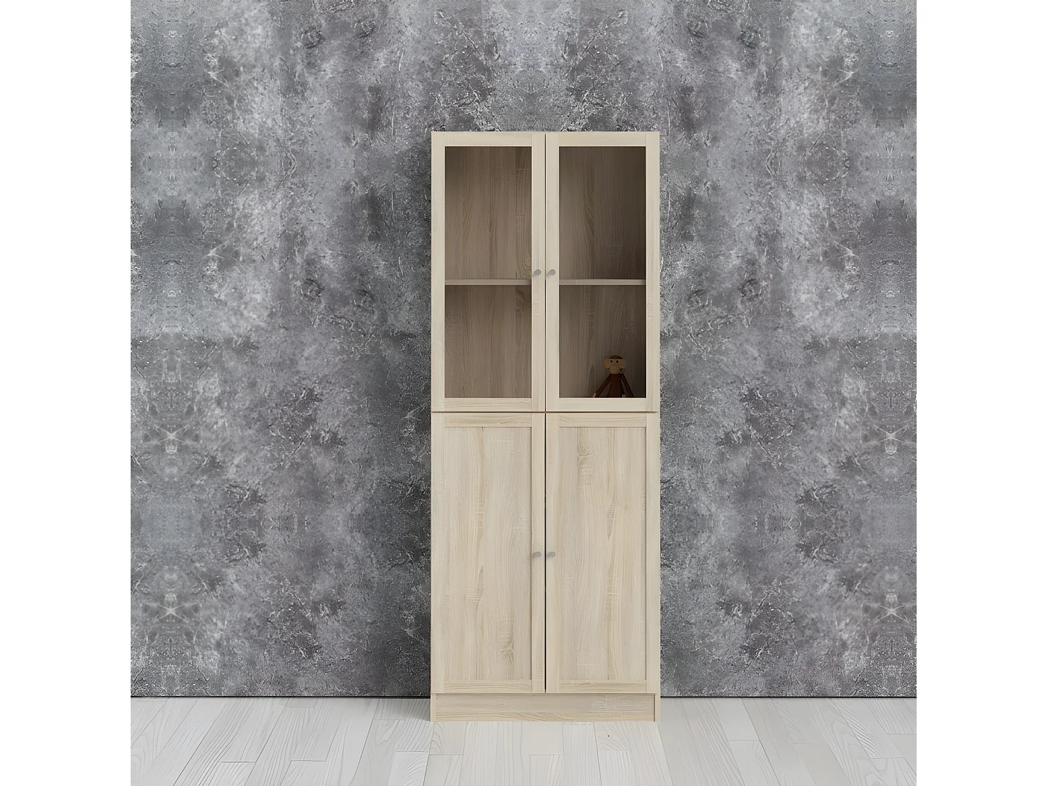 Base wandkast 2 glazen deuren en 2 deuren eiken structuur decor.