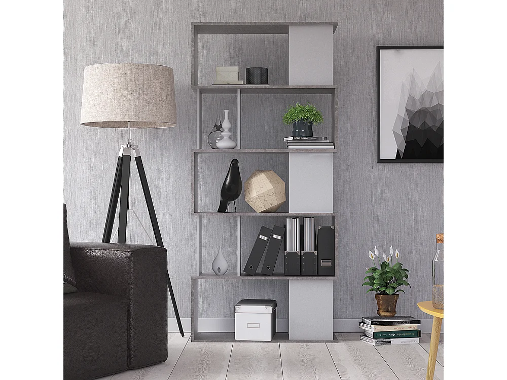Magda wandkast boekenkast met 5 legplanken, betondecor/wit.