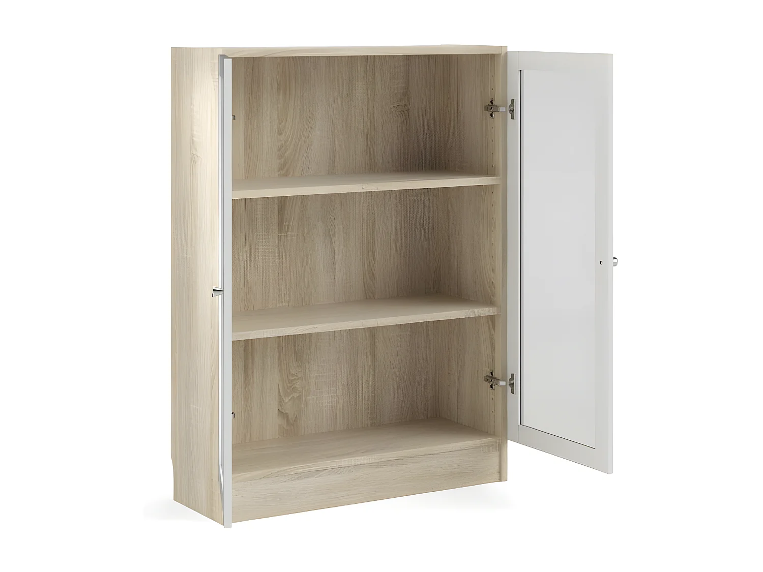 Base Étagère, 2 portes vitrées cadre imitation chêne structuré, blanc.