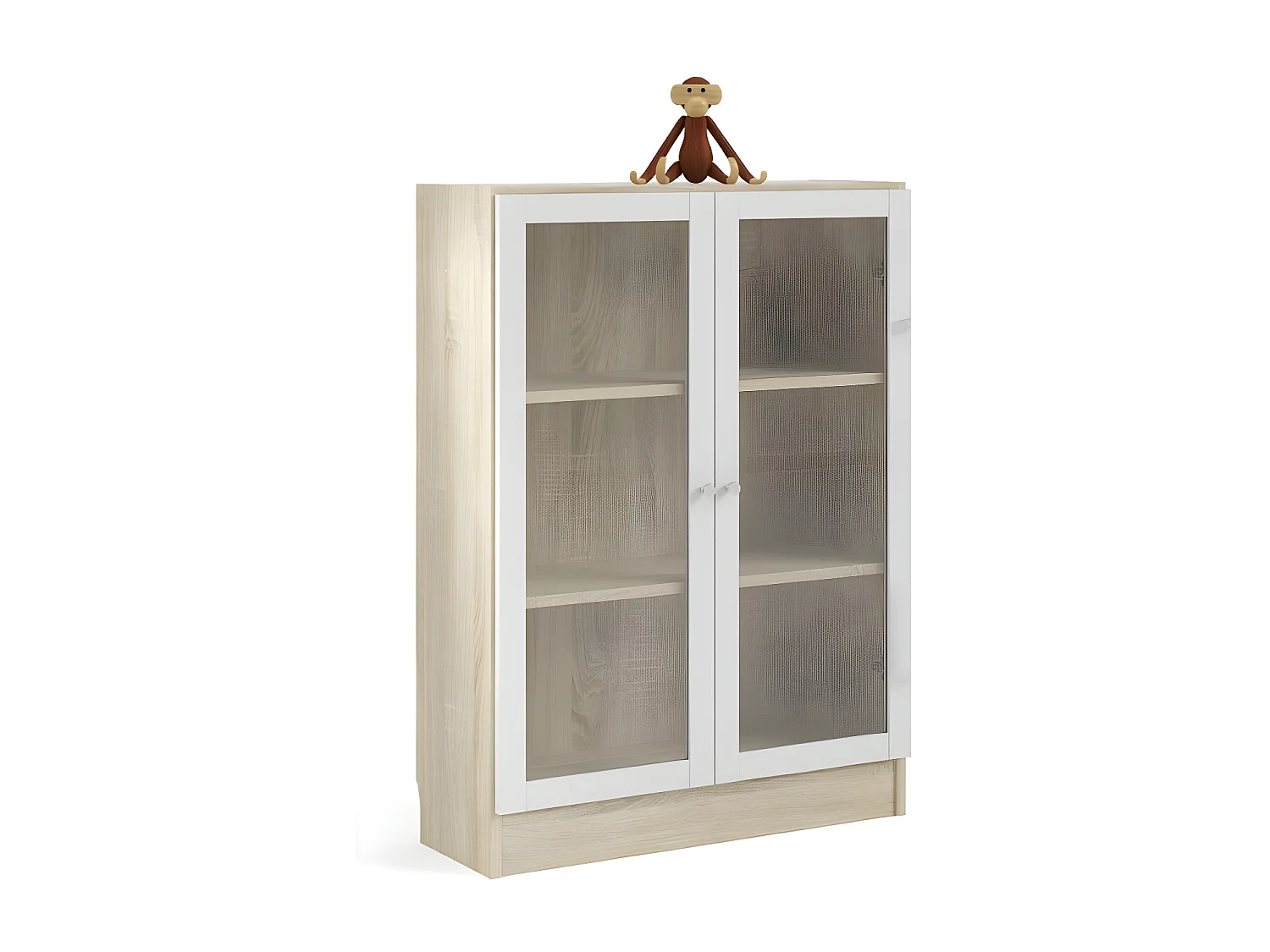 Base Étagère, 2 portes vitrées cadre imitation chêne structuré, blanc.