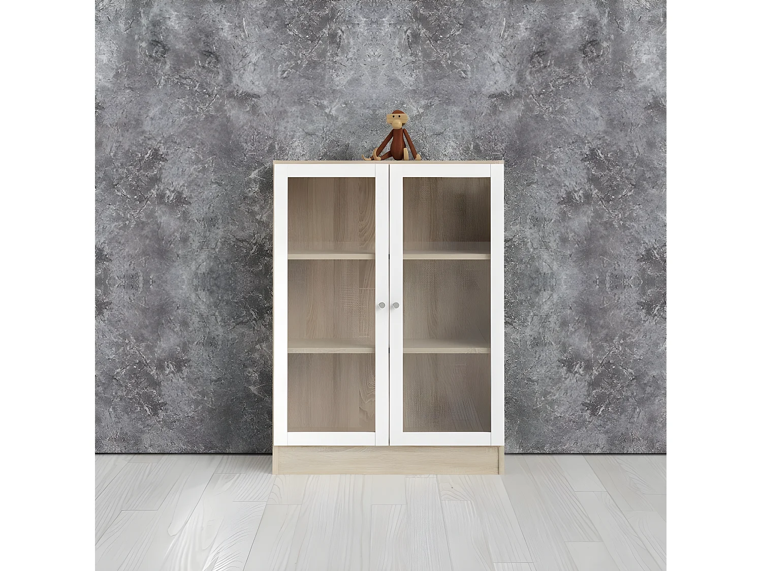 Base Étagère, 2 portes vitrées cadre imitation chêne structuré, blanc.