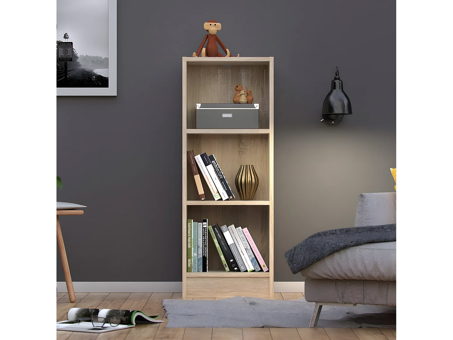 Base Étagère A, 2 tablettes de rangement Imitation chêne.