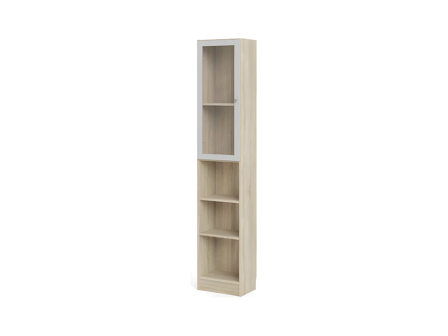 Base Étagère 1 porte vitrée et 2 tablettes de rangement, finition chêne structuré, blanc.