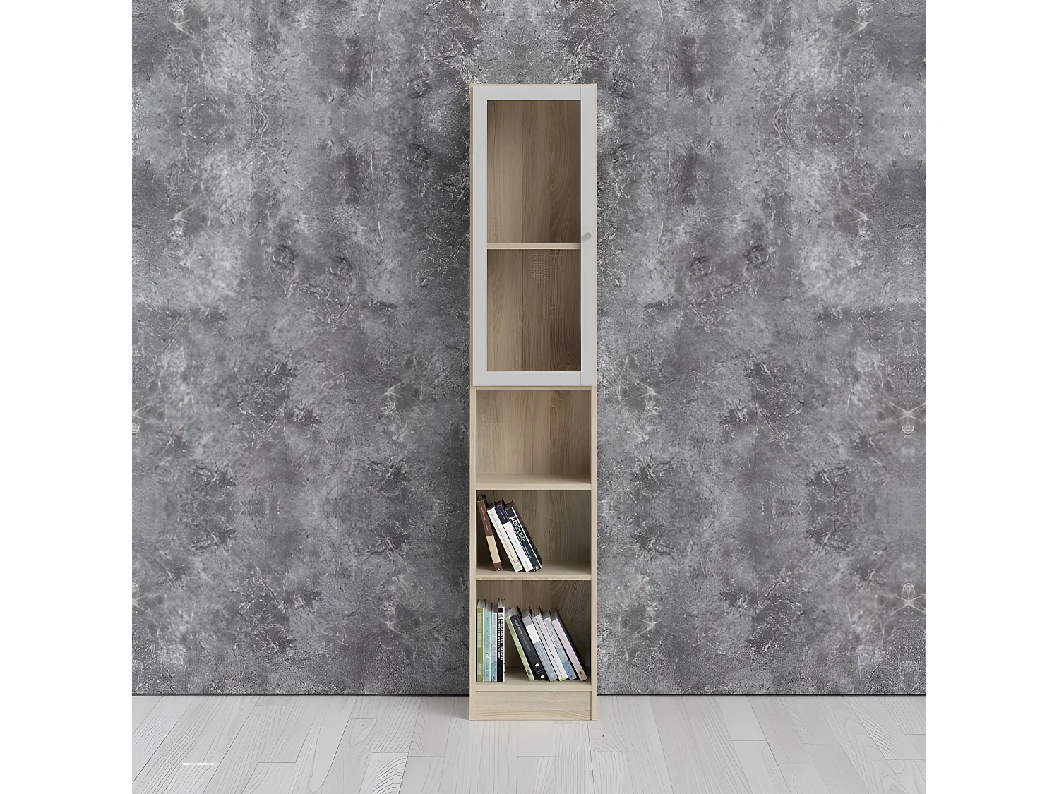 Base Regal 1 Glastür und 2 Ablagen Eiche Struktur Dekor, weiss.