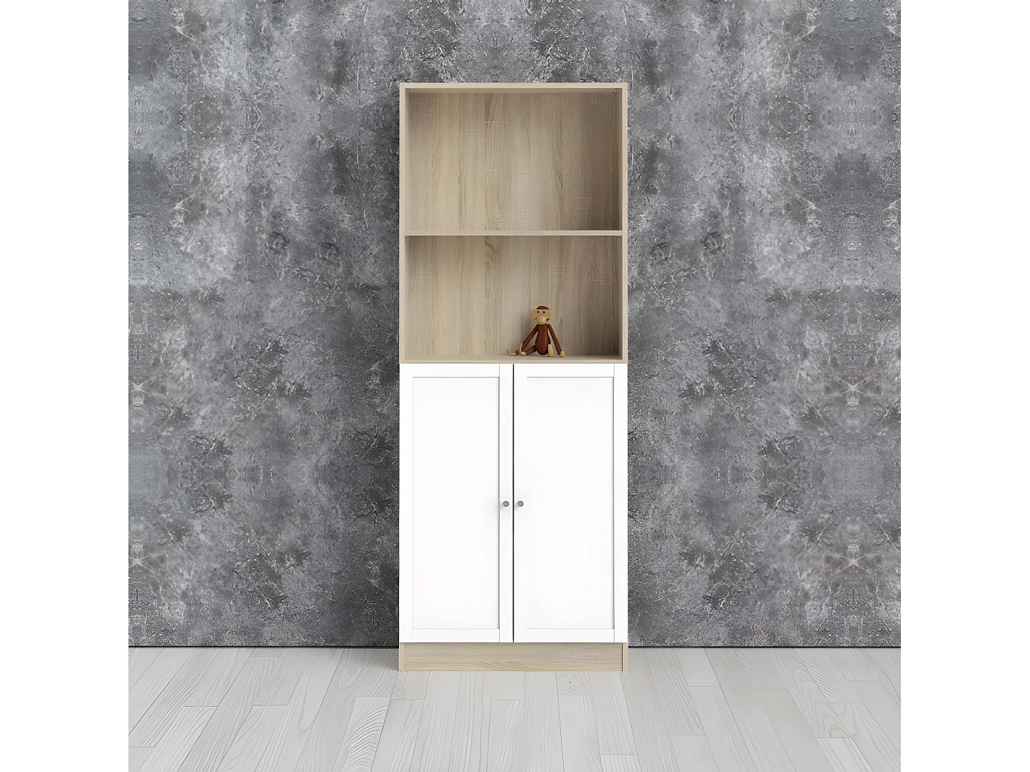 Base wandkast 1 plank en 2 deuren eiken structuur decor, wit.