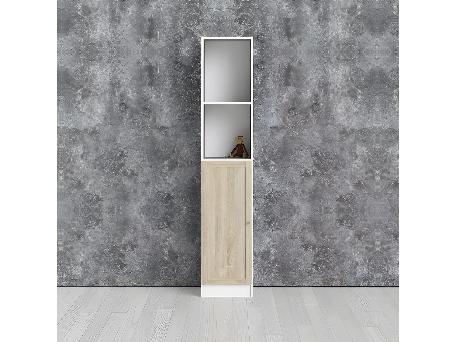 Base wandkast 1 plank en 1 deur wit, eiken structuur decor.