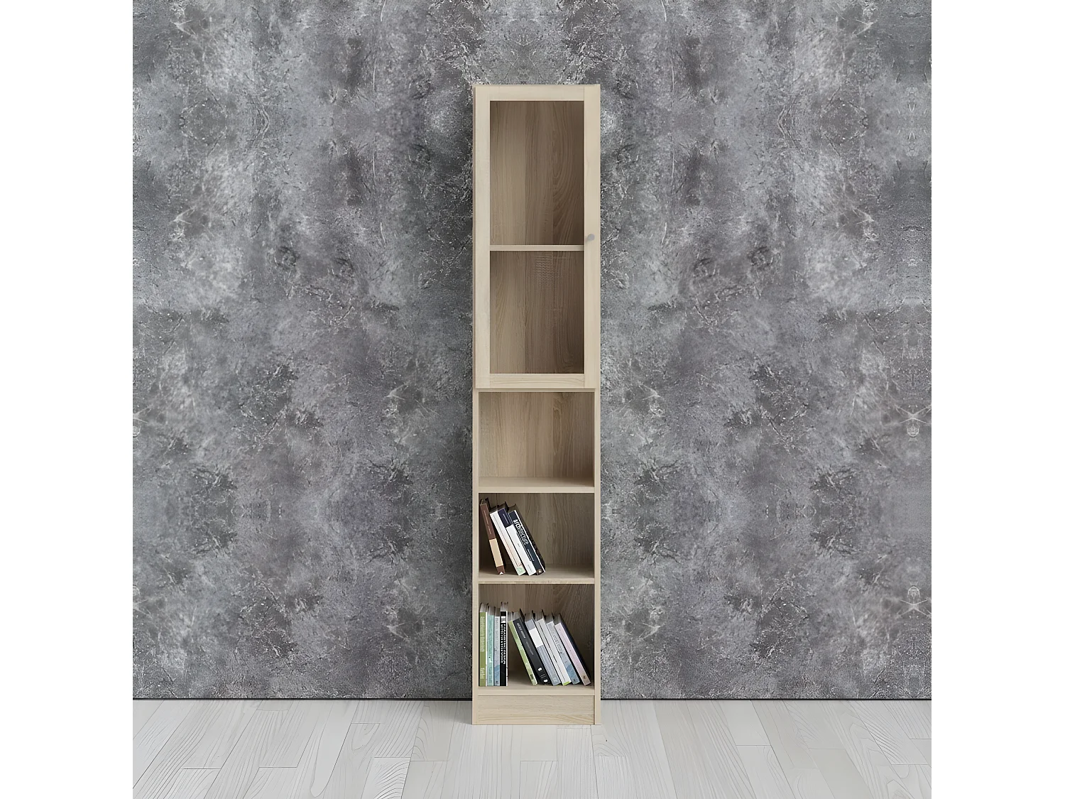 Base Étagère 1 porte vitrée et 2 tablettes de rangement, finition chêne structuré.