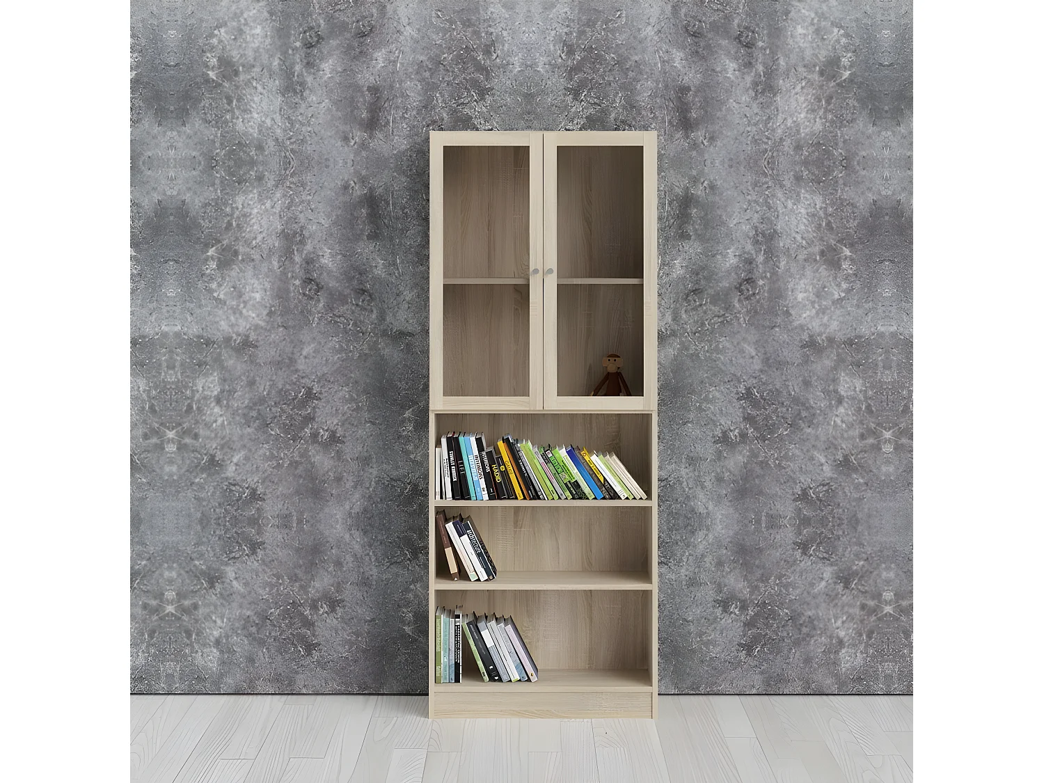 Base Étagère 2 portes vitrées et 2 tablettes de rangement, finition chêne structuré.