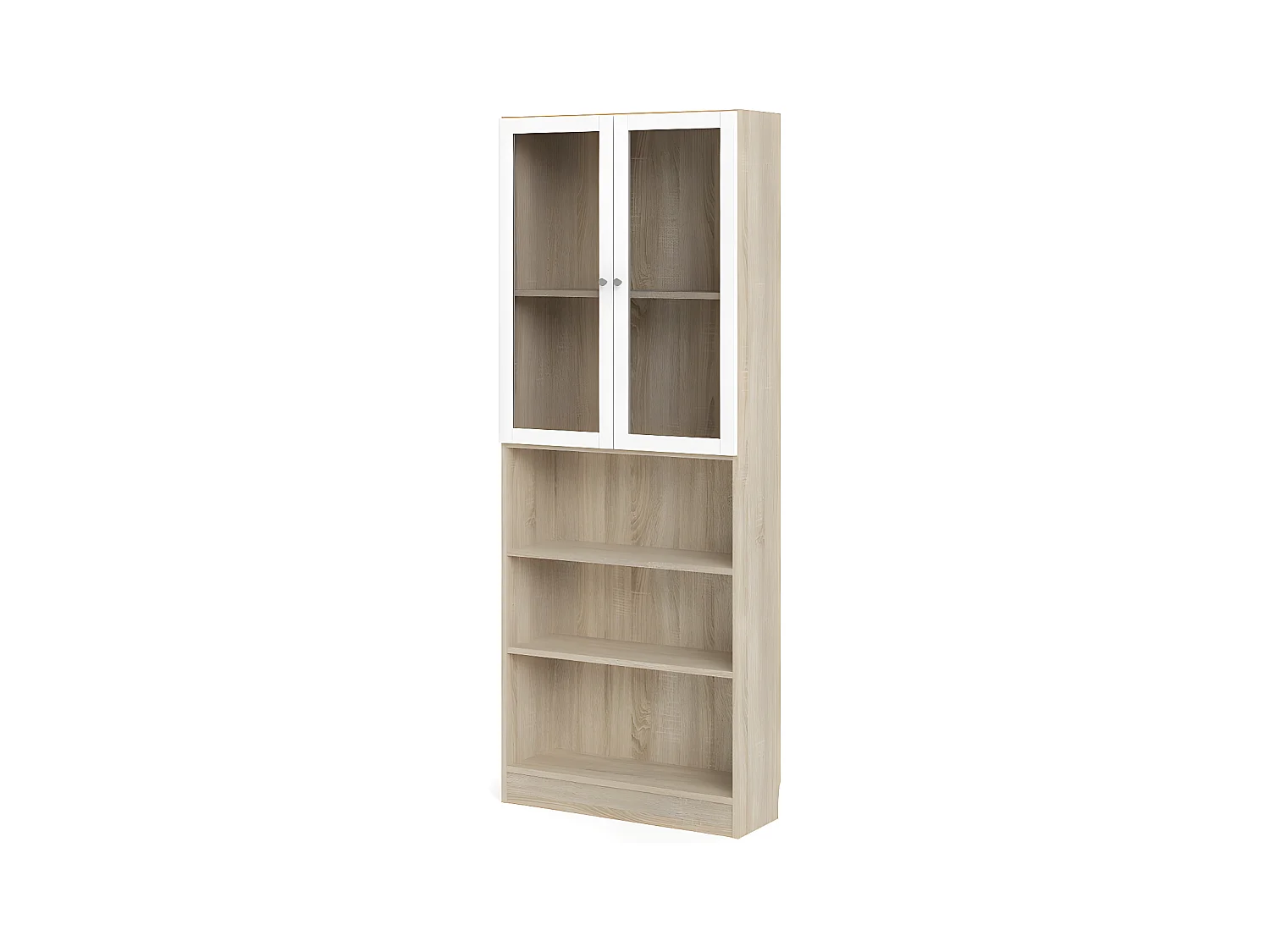 Base Étagère avec 2 portes en verre et 2 tablettes de rangement, finition chêne/blanc.