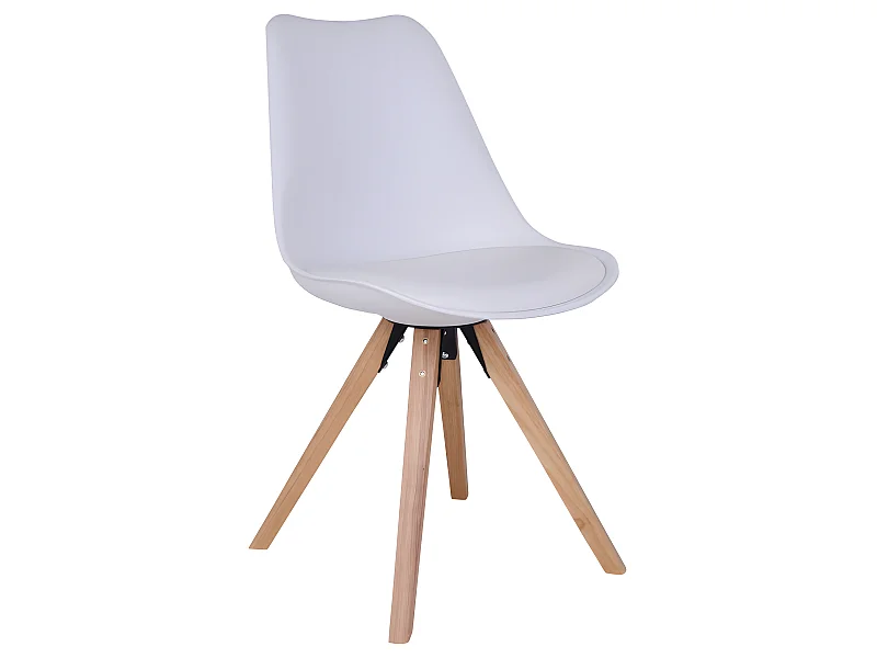 Silla de comedor Benno en versión shell, de piel sintética color blanco, patas naturales.