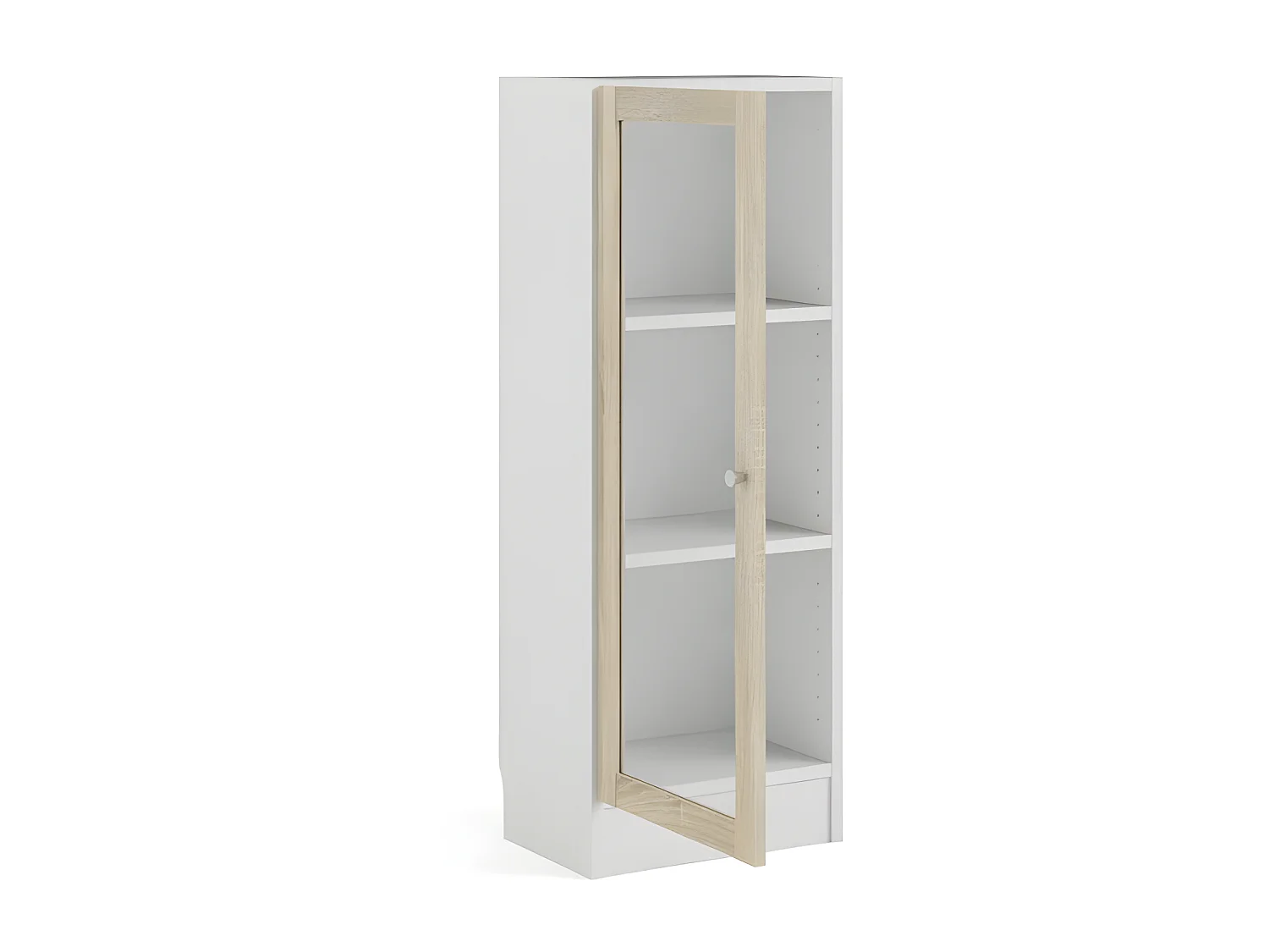 Librería base 1 puerta cristal color blanco, estructura decoración roble.