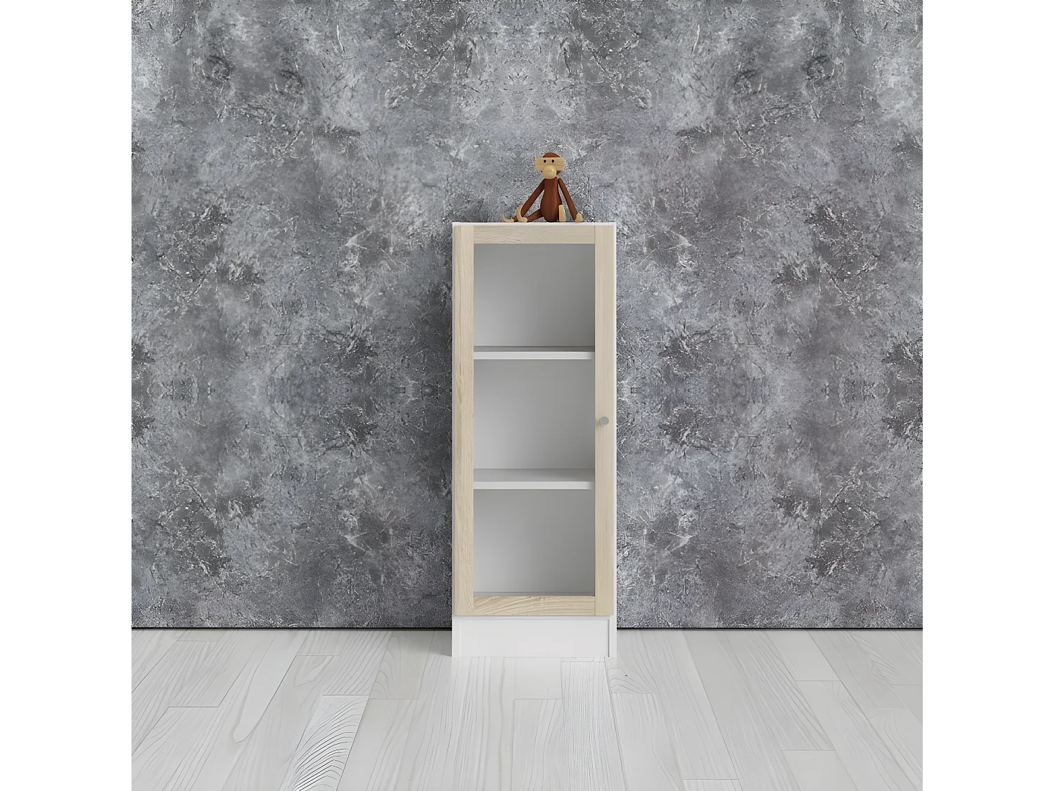 Librería base 1 puerta cristal color blanco, estructura decoración roble.