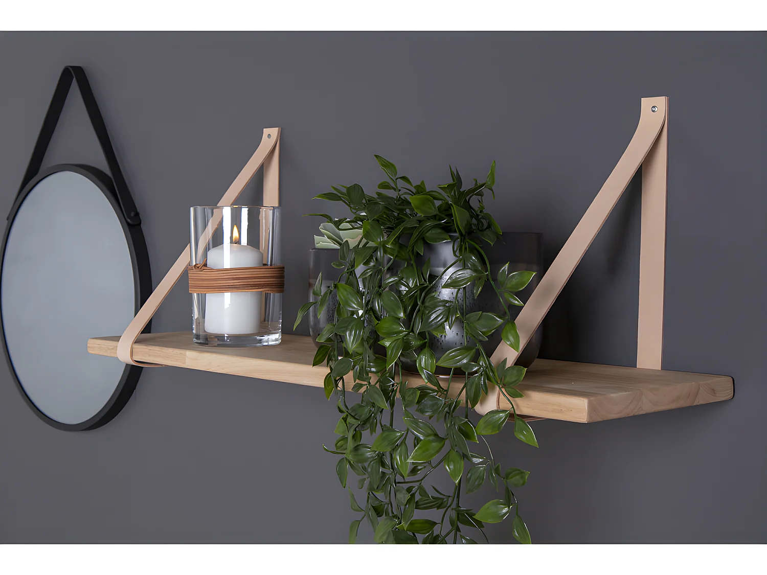 Estantería de pared Foyle 80x20 cm aceite natural, correas de piel marrón.