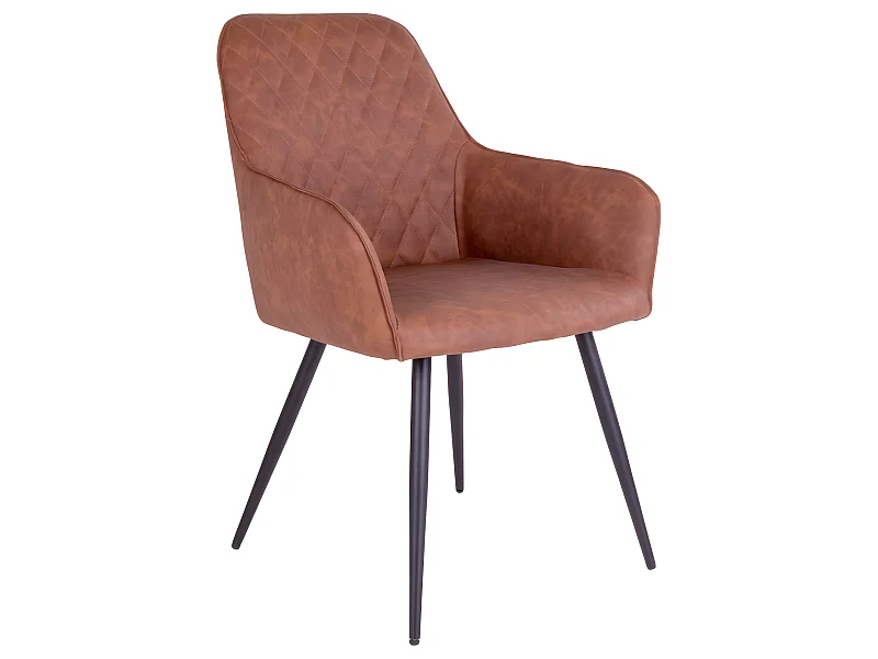 Hasse Esszimmerstuhl in vintage braunen Kunstleder mit schwarz lackierten Metallbeinen.