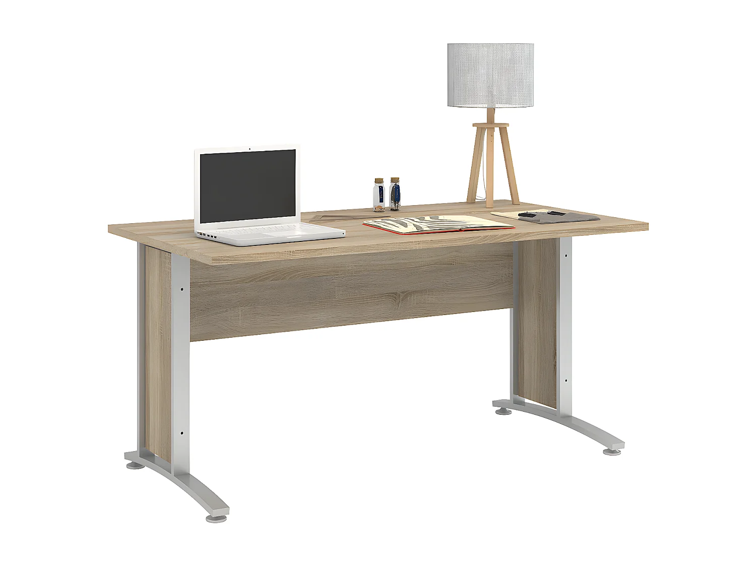 Prisme Bureau D, imitation chêne et acier, gris argenté.