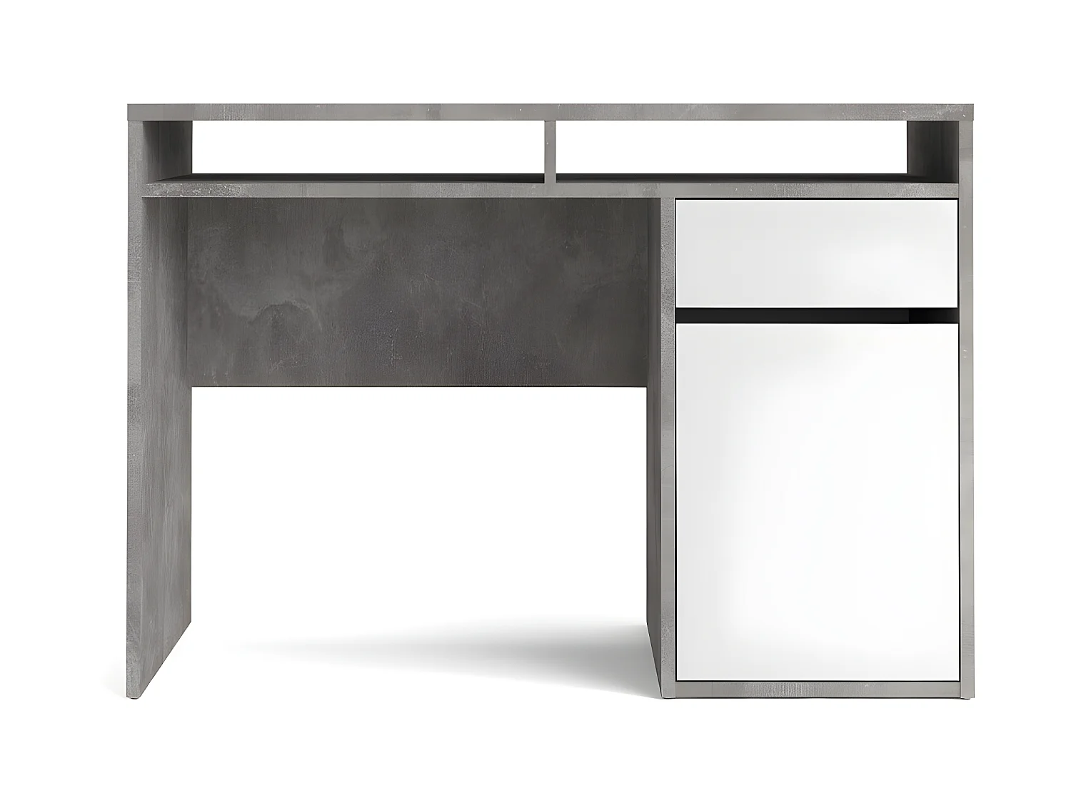 Plus Bureau avec 1 porte, 1 tiroir et 2 tablettes de rangement, finition béton/blanc brillant.