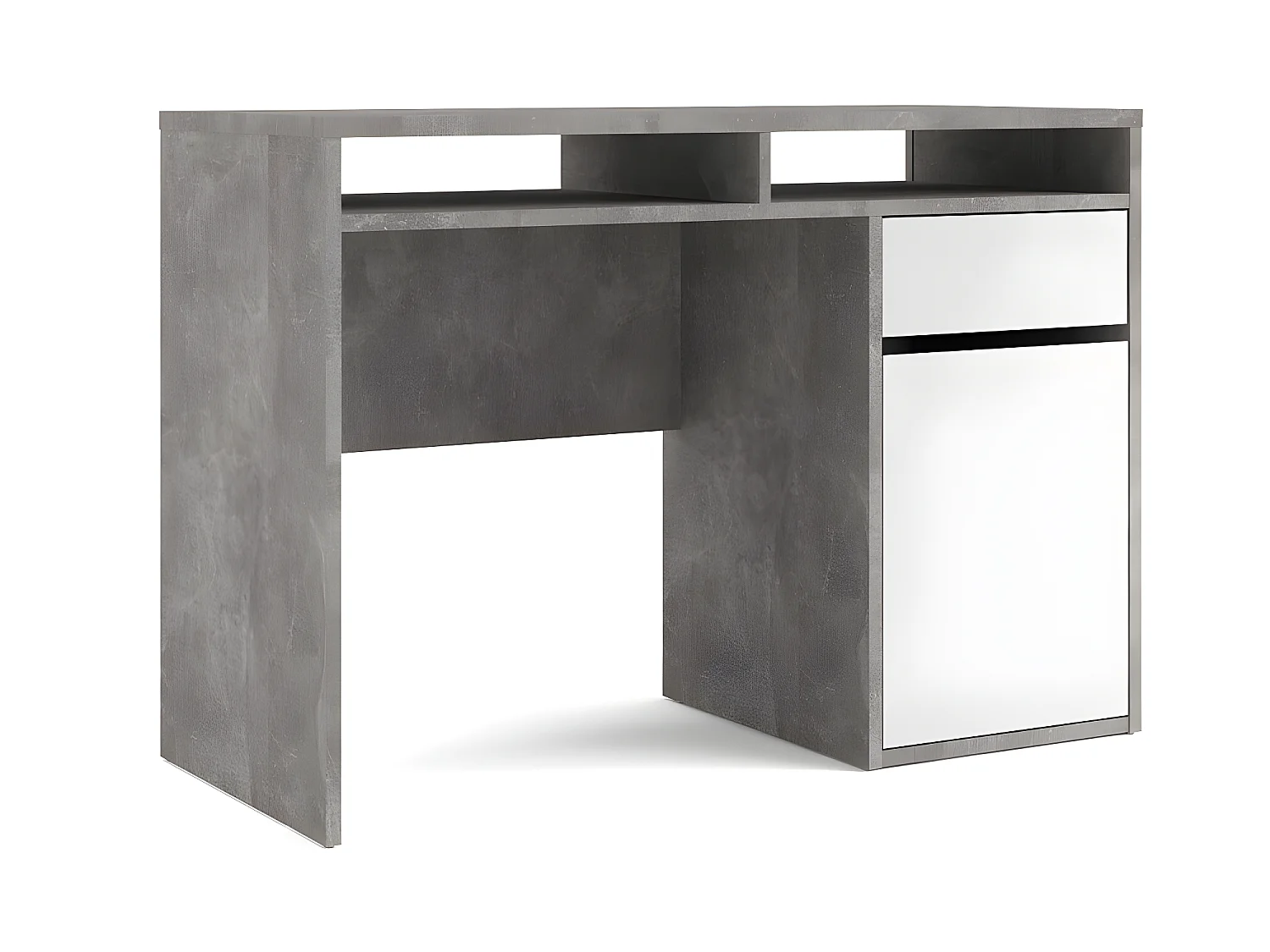 Plus Bureau avec 1 porte, 1 tiroir et 2 tablettes de rangement, finition béton/blanc brillant.