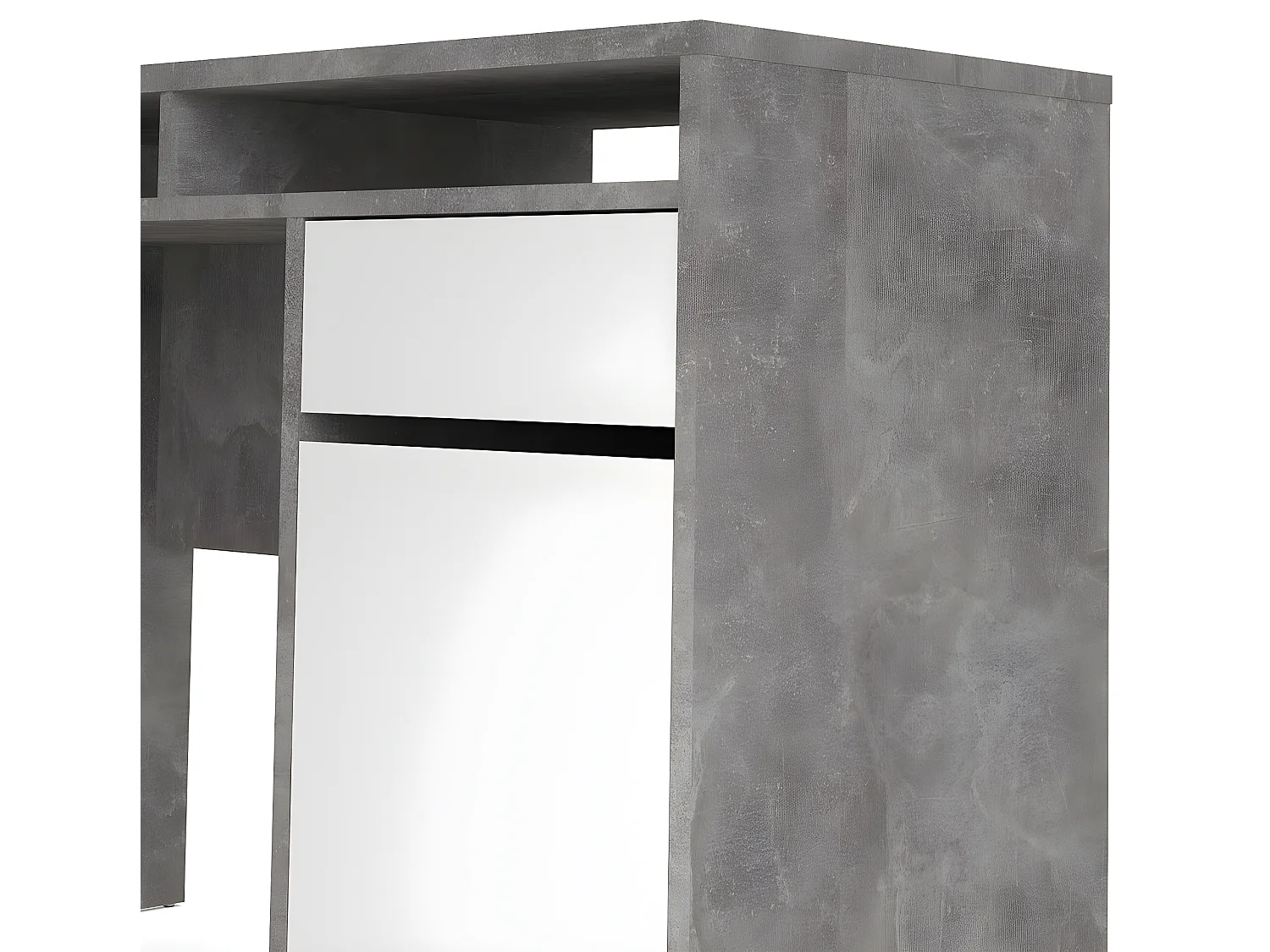 Plus Bureau avec 1 porte, 1 tiroir et 2 tablettes de rangement, finition béton/blanc brillant.