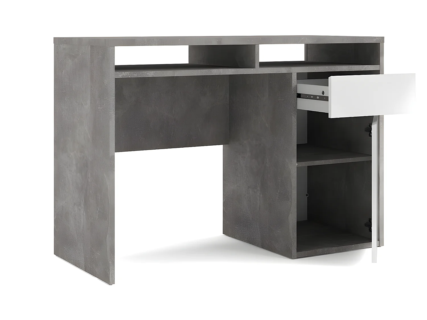 Plus Bureau avec 1 porte, 1 tiroir et 2 tablettes de rangement, finition béton/blanc brillant.