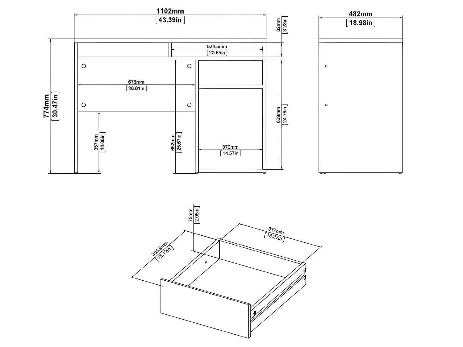 Plus Bureau avec 1 porte, 1 tiroir et 2 tablettes de rangement, finition béton/blanc brillant.