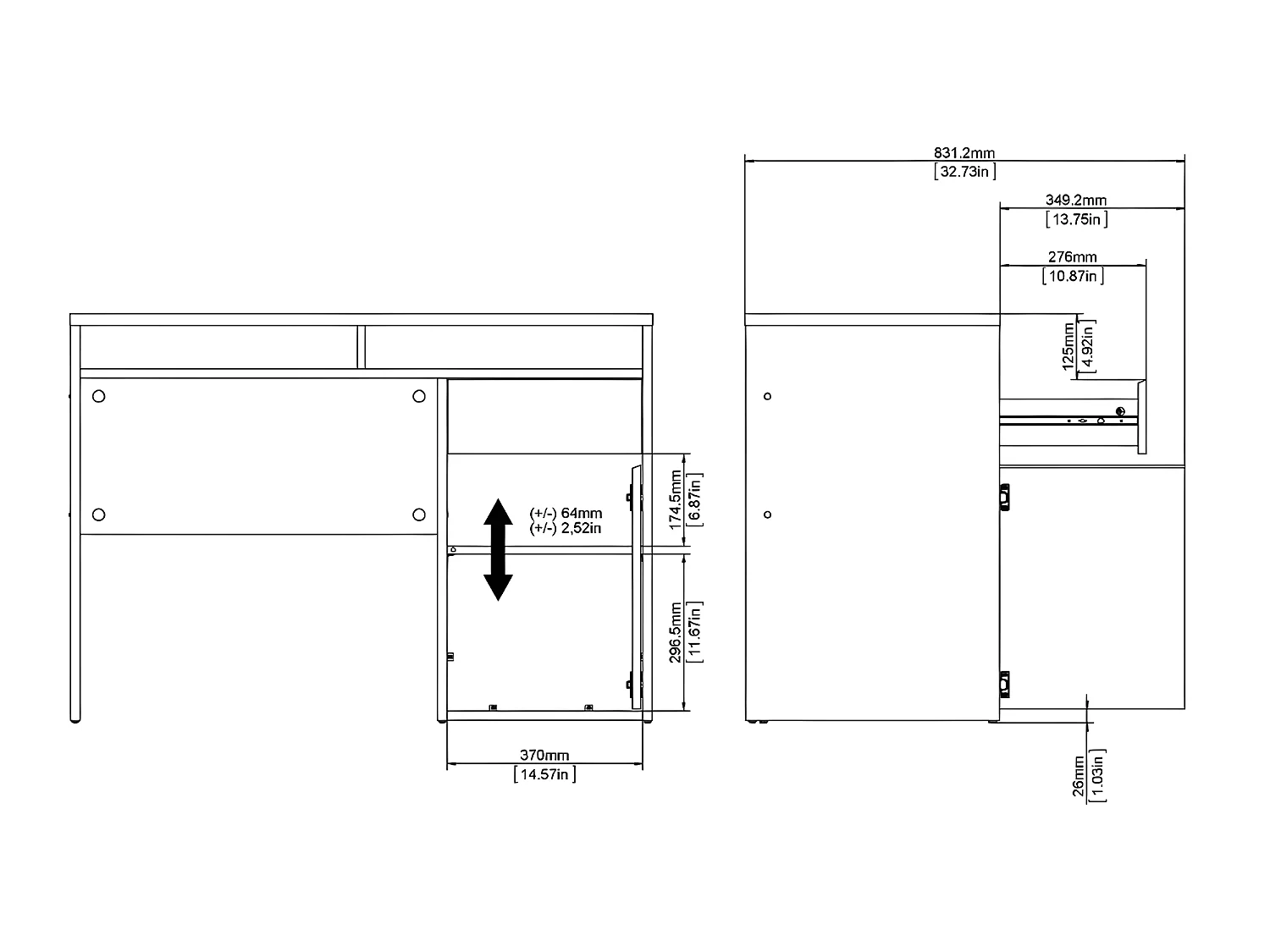Plus Bureau avec 1 porte, 1 tiroir et 2 tablettes de rangement, finition béton/blanc brillant.