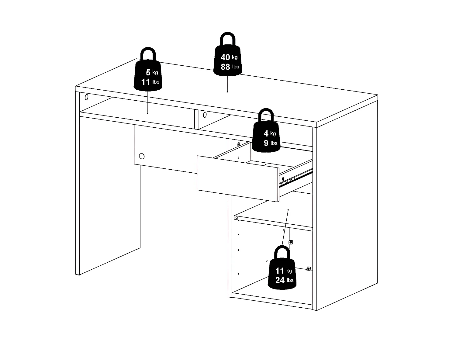 Plus Bureau avec 1 porte, 1 tiroir et 2 tablettes de rangement, finition béton/blanc brillant.