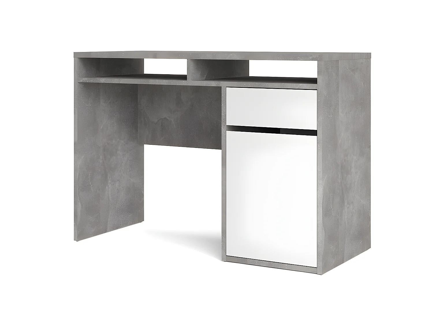 Plus Bureau avec 1 porte, 1 tiroir et 2 tablettes de rangement, finition béton/blanc brillant.