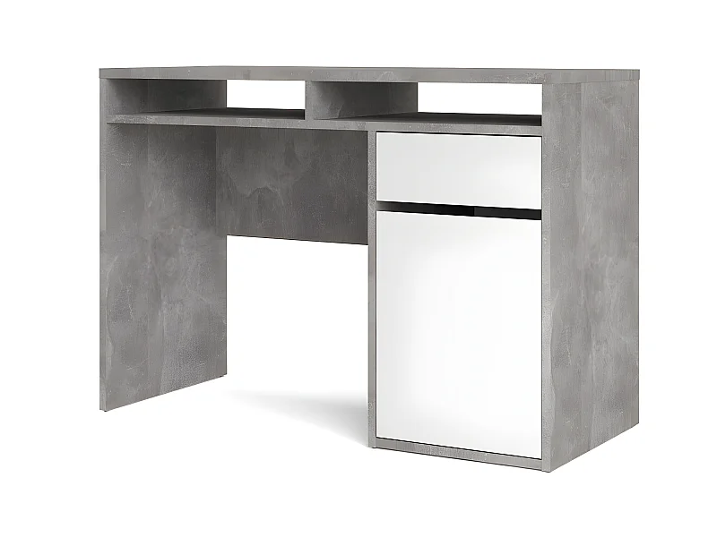Plus Bureau avec 1 porte, 1 tiroir et 2 tablettes de rangement, finition béton/blanc brillant.