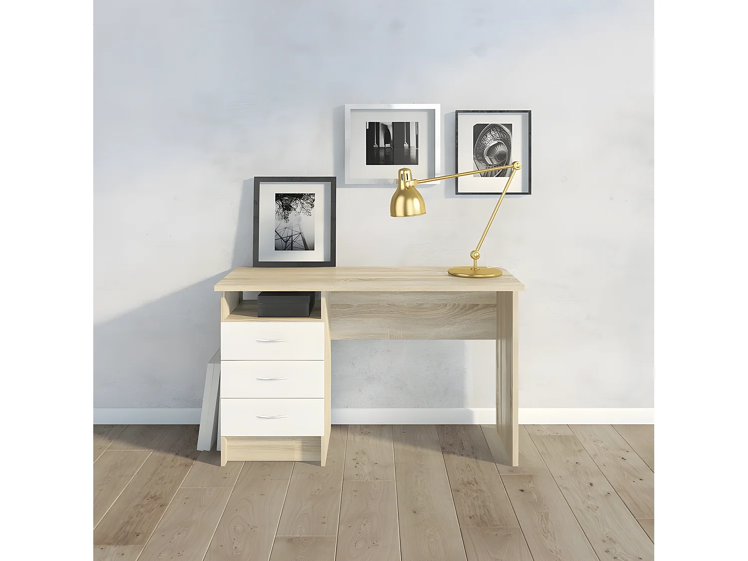 Fula bureau 3 lades eiken structuur decor en wit.