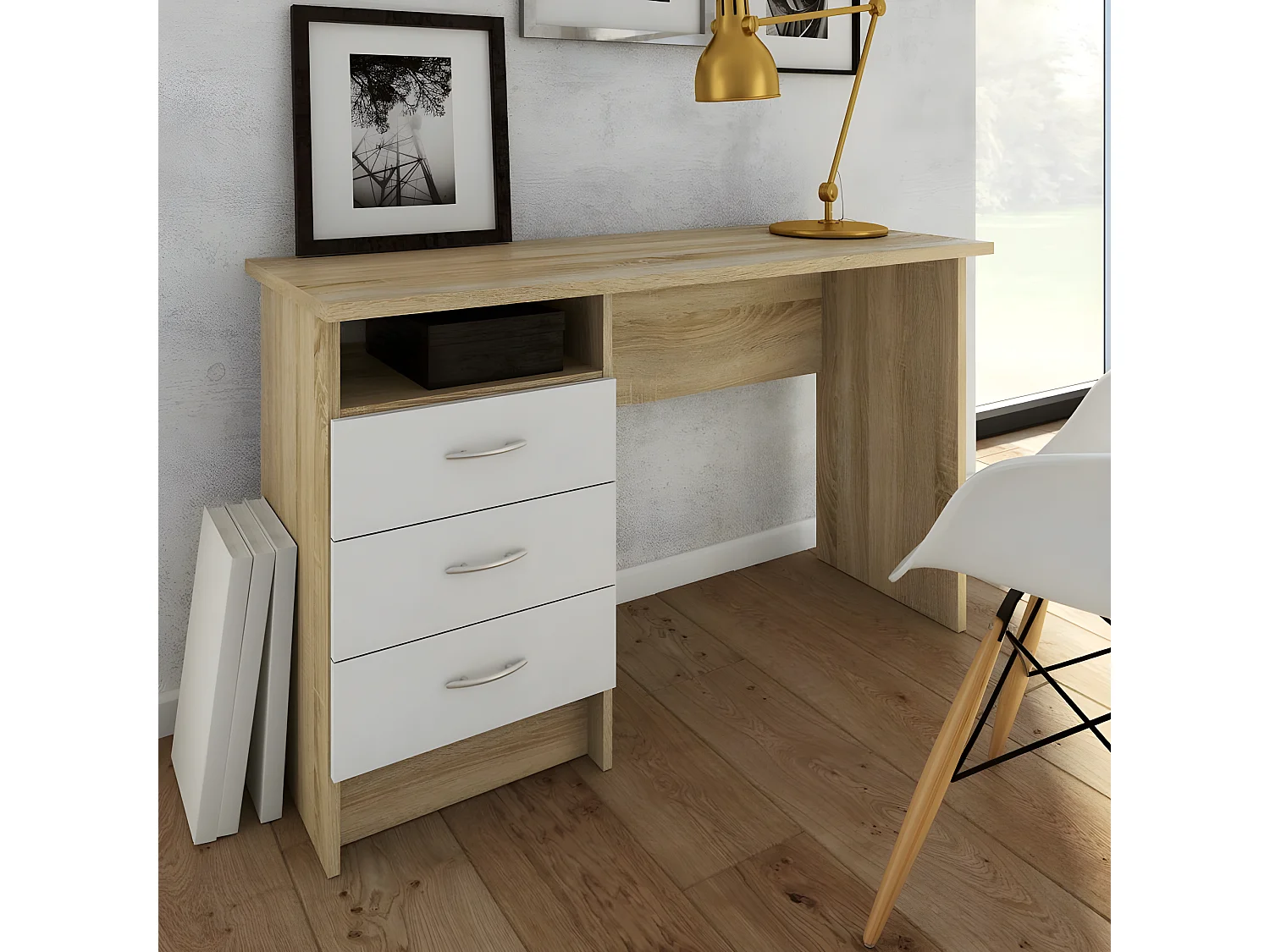 Fula bureau 3 lades eiken structuur decor en wit.