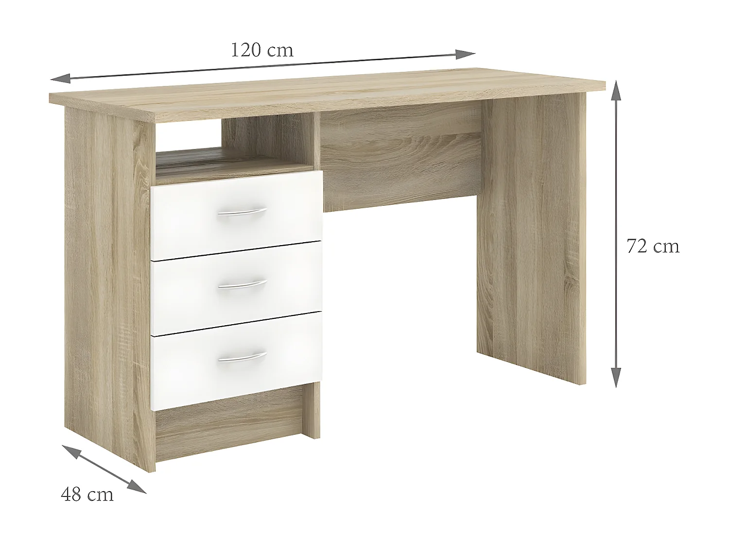 Escritorio Fula 3 cajones estructura decoración roble y color blanco.