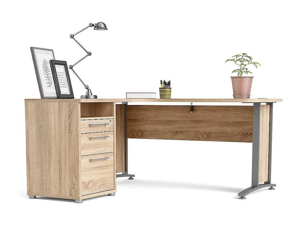 Prisme Hoekbureau met 1 plank en 3 laden, eiken decor