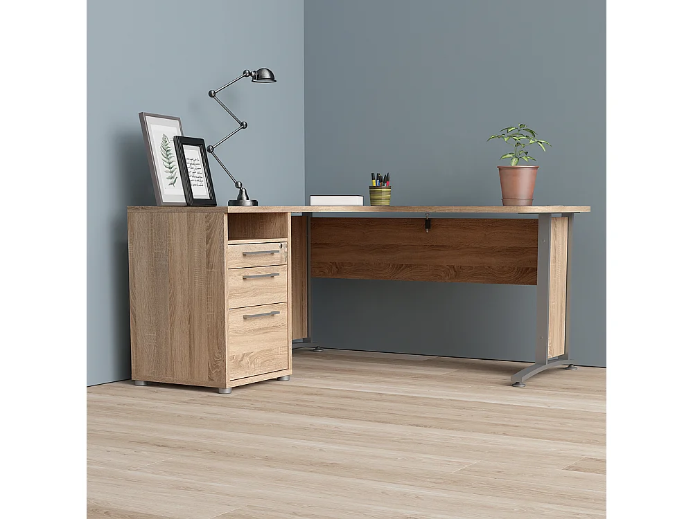 Prisme Hoekbureau met 1 plank en 3 laden, eiken decor